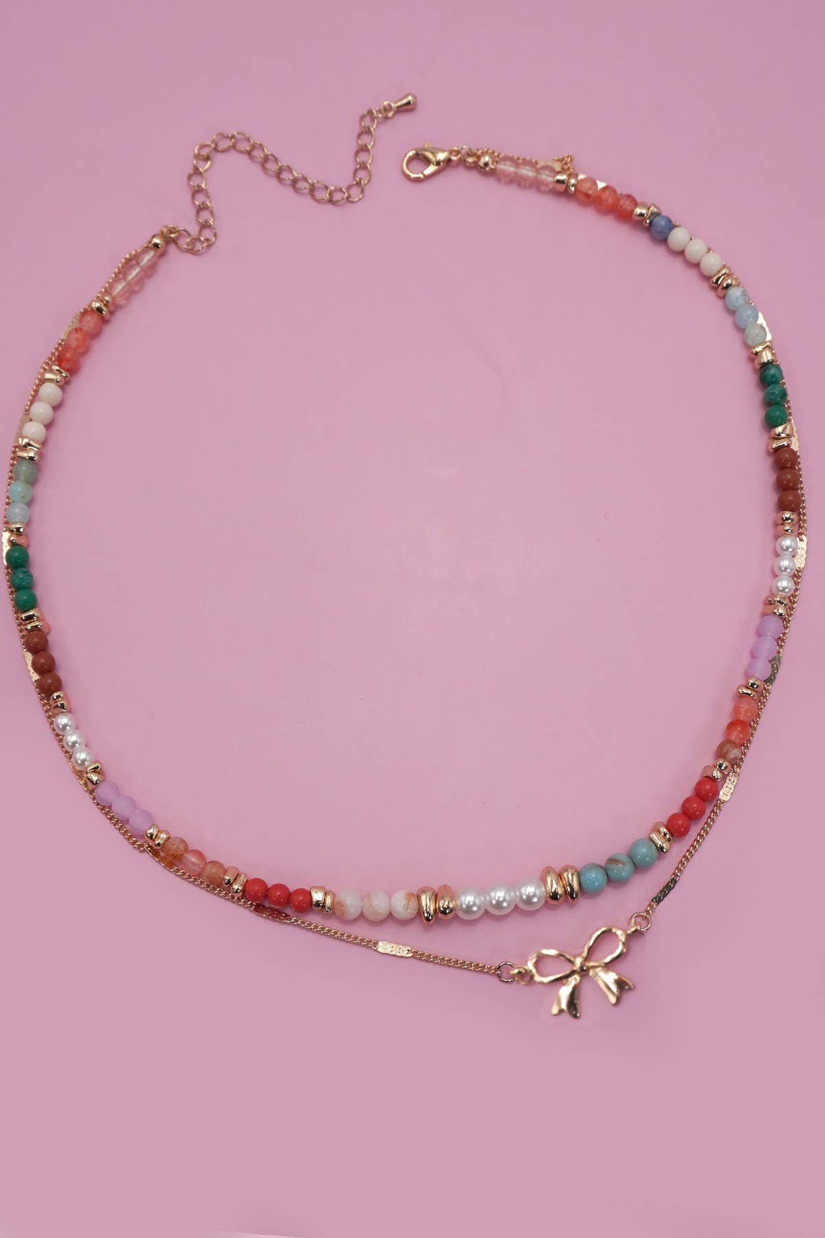 Multi Beaded Bow Charm Double Layer Necklace - 926 West