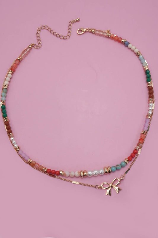Multi Beaded Bow Charm Double Layer Necklace - 926 West