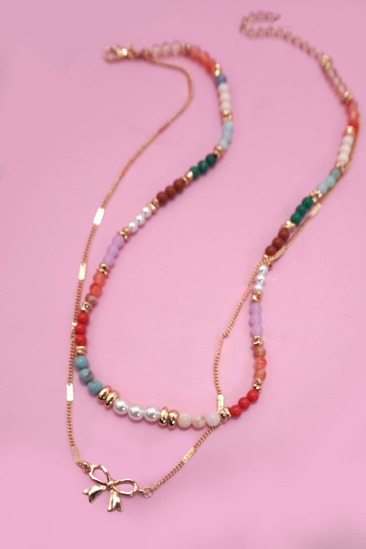Multi Beaded Bow Charm Double Layer Necklace - 926 West