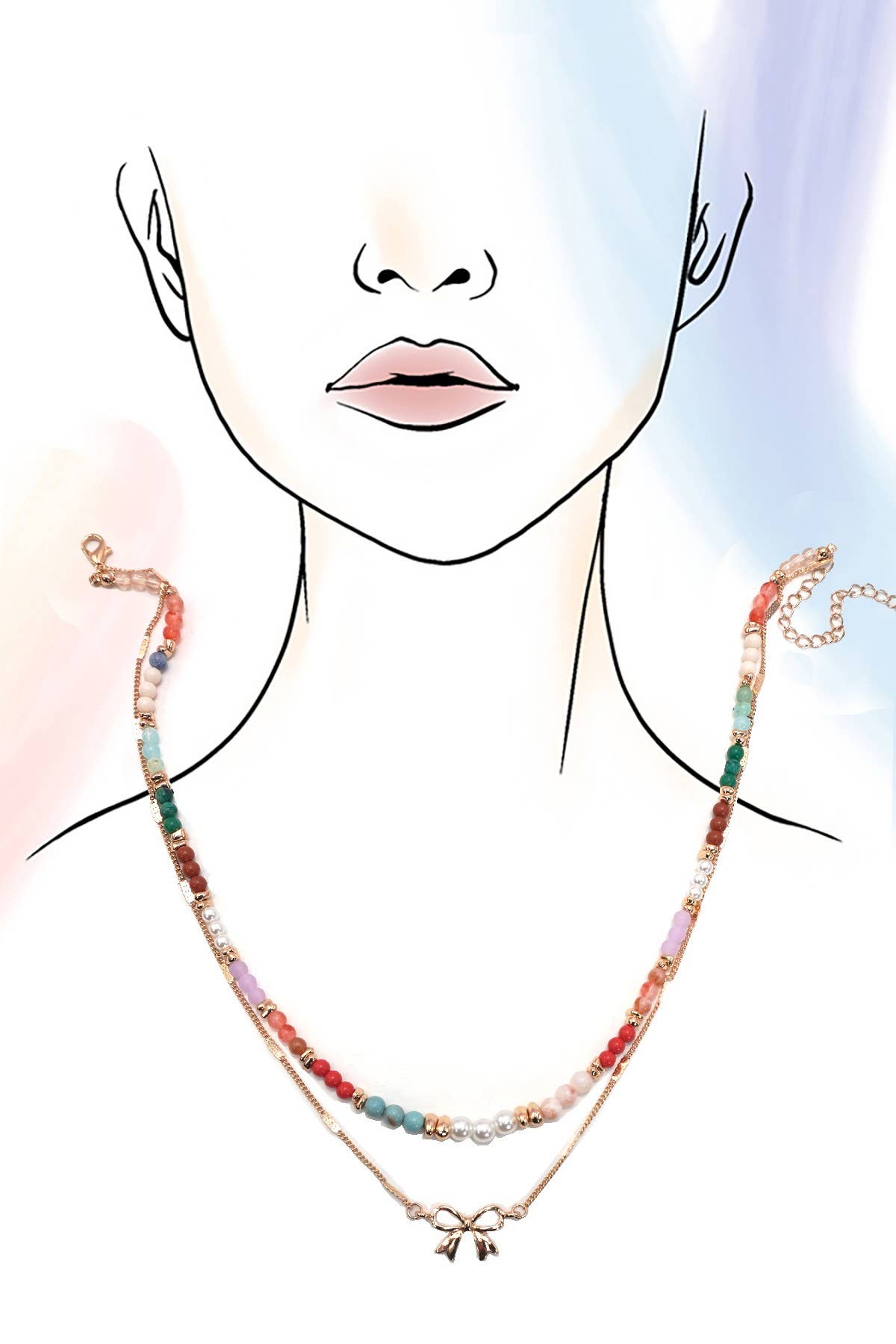 Multi Beaded Bow Charm Double Layer Necklace - 926 West