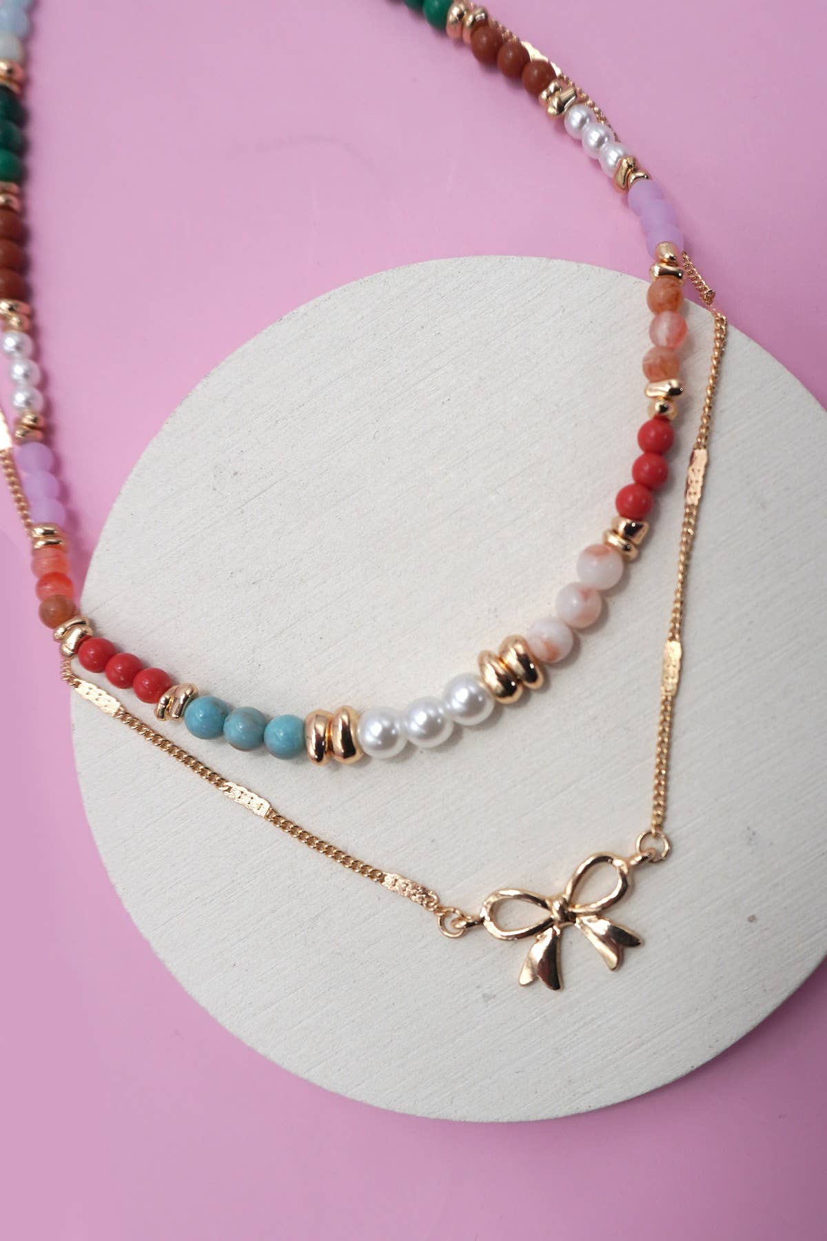 Multi Beaded Bow Charm Double Layer Necklace - 926 West