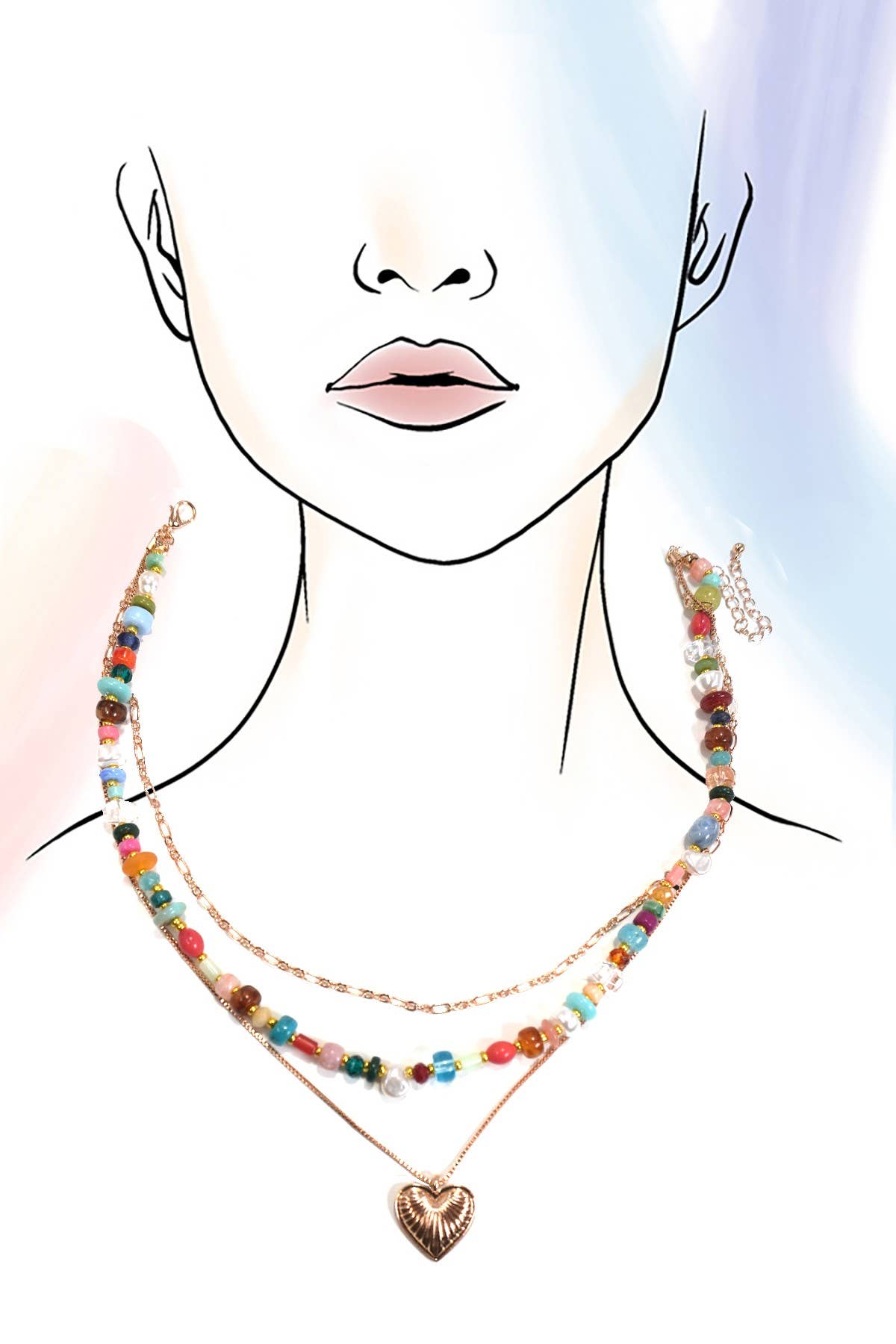 Multi Layered Beaded Heart Charm Necklace - 926 West