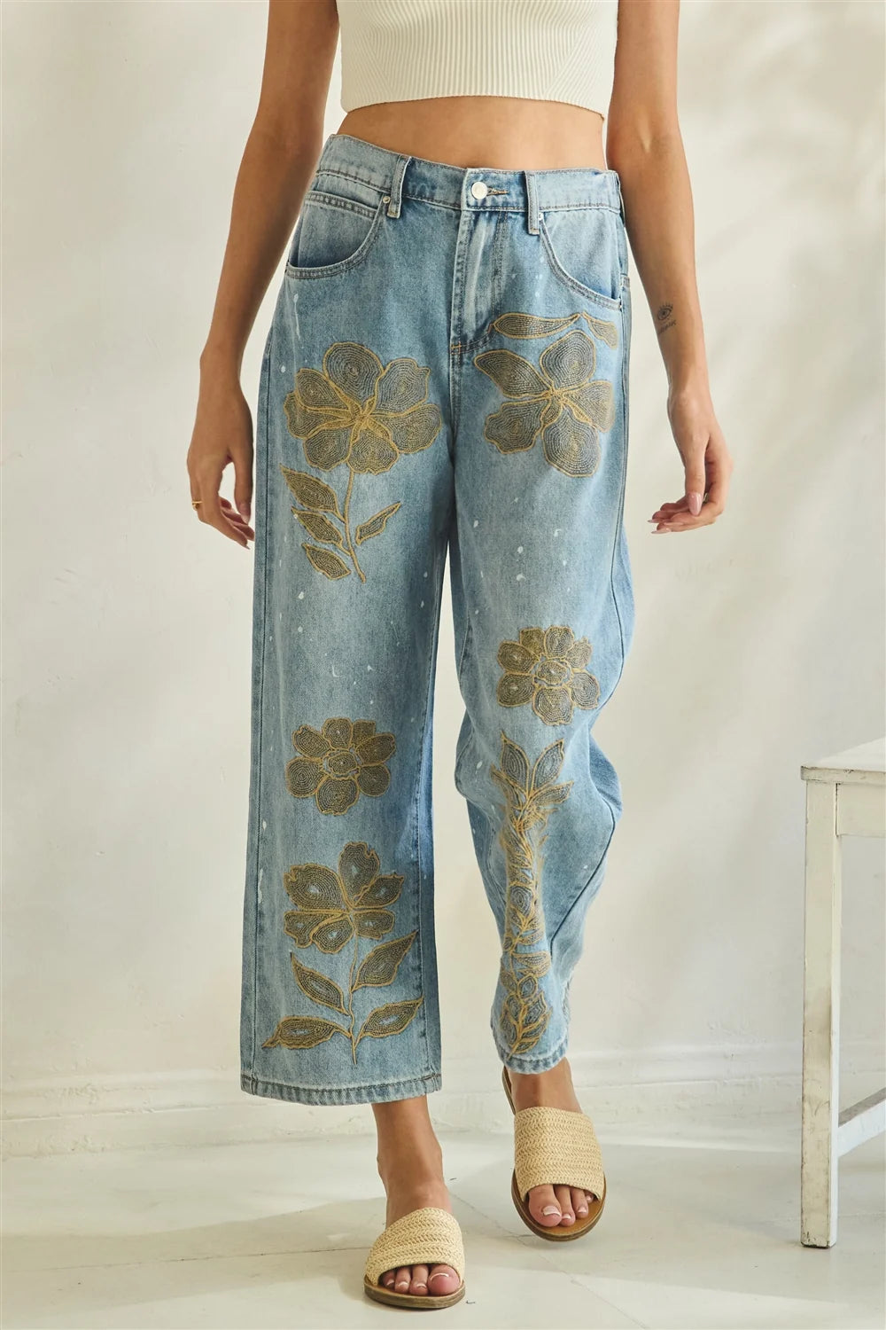 Oli & Hali Washed Floral Embroidered Denim Pants