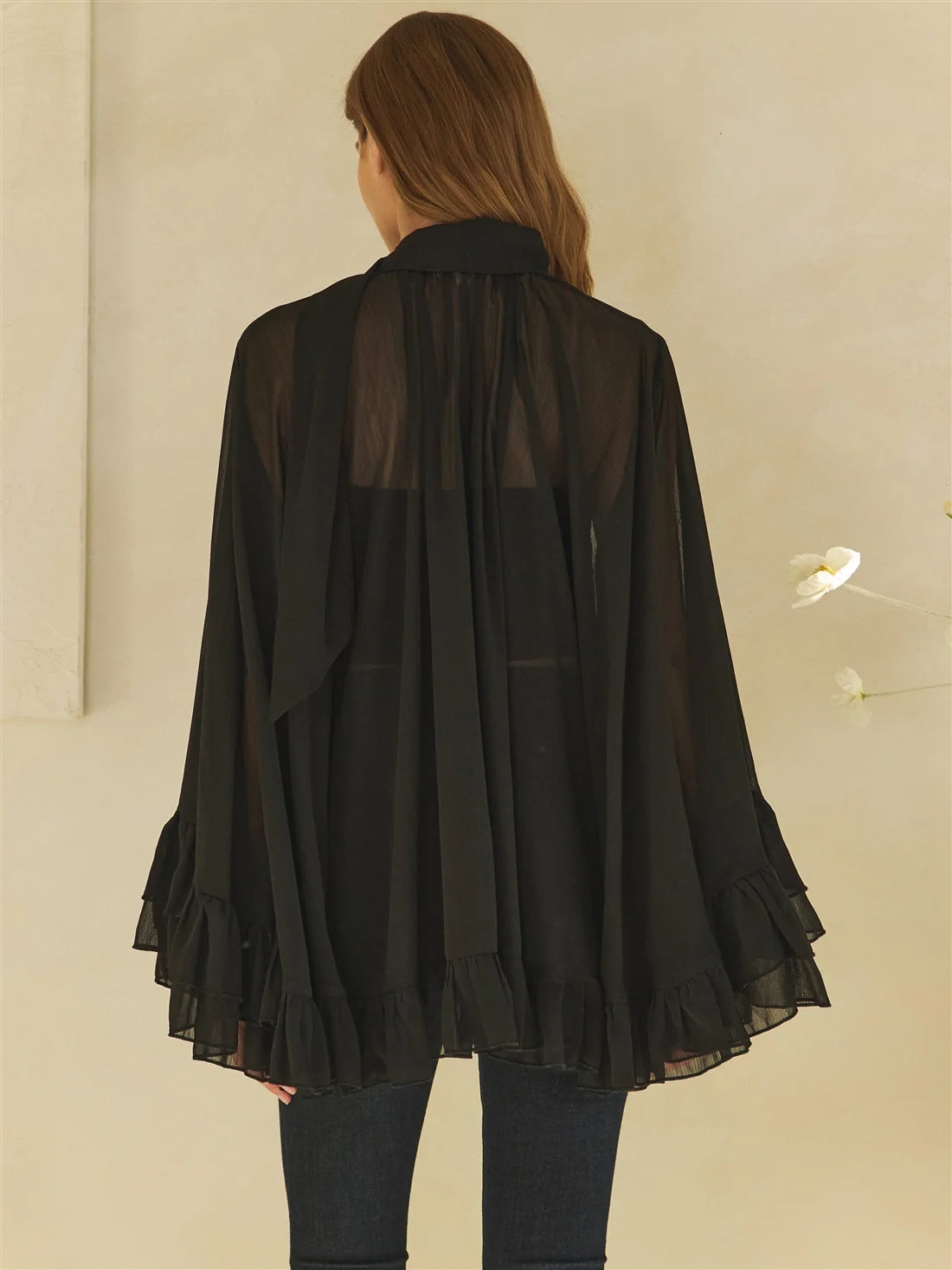Sheer Tie Neck Ruffle Blouse