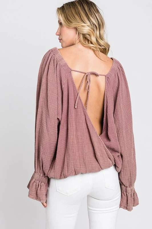 Oli & Hali Washed Flare-Cuff Open-Back Blouse