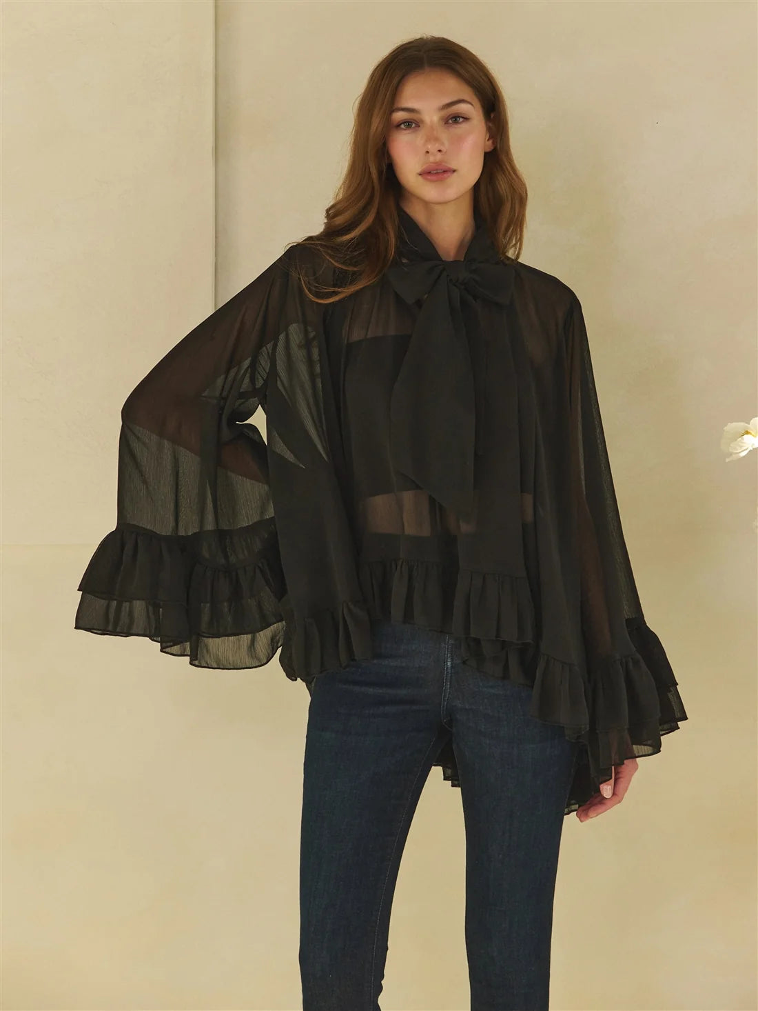 Sheer Tie Neck Ruffle Blouse