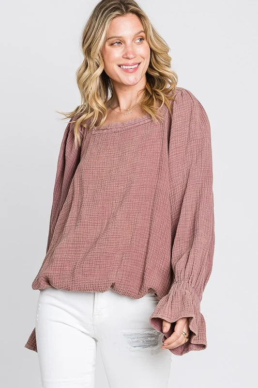 Oli & Hali Washed Flare-Cuff Open-Back Blouse