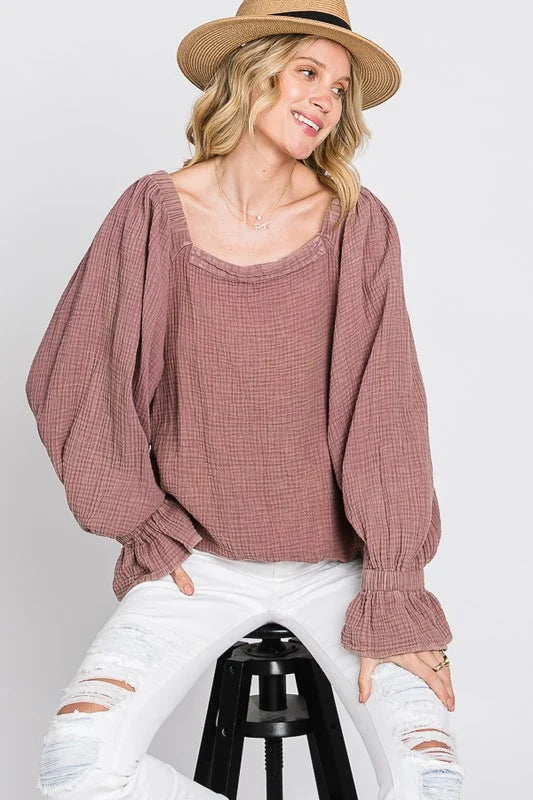Oli & Hali Washed Flare-Cuff Open-Back Blouse