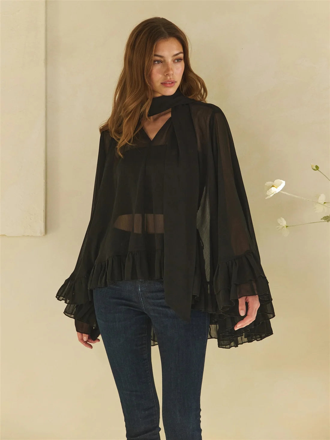 Sheer Tie Neck Ruffle Blouse
