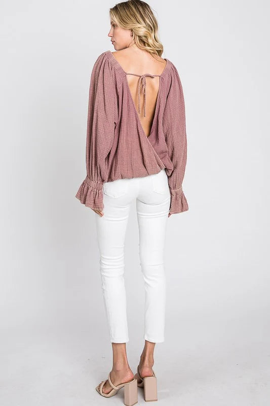 Oli & Hali Washed Flare-Cuff Open-Back Blouse