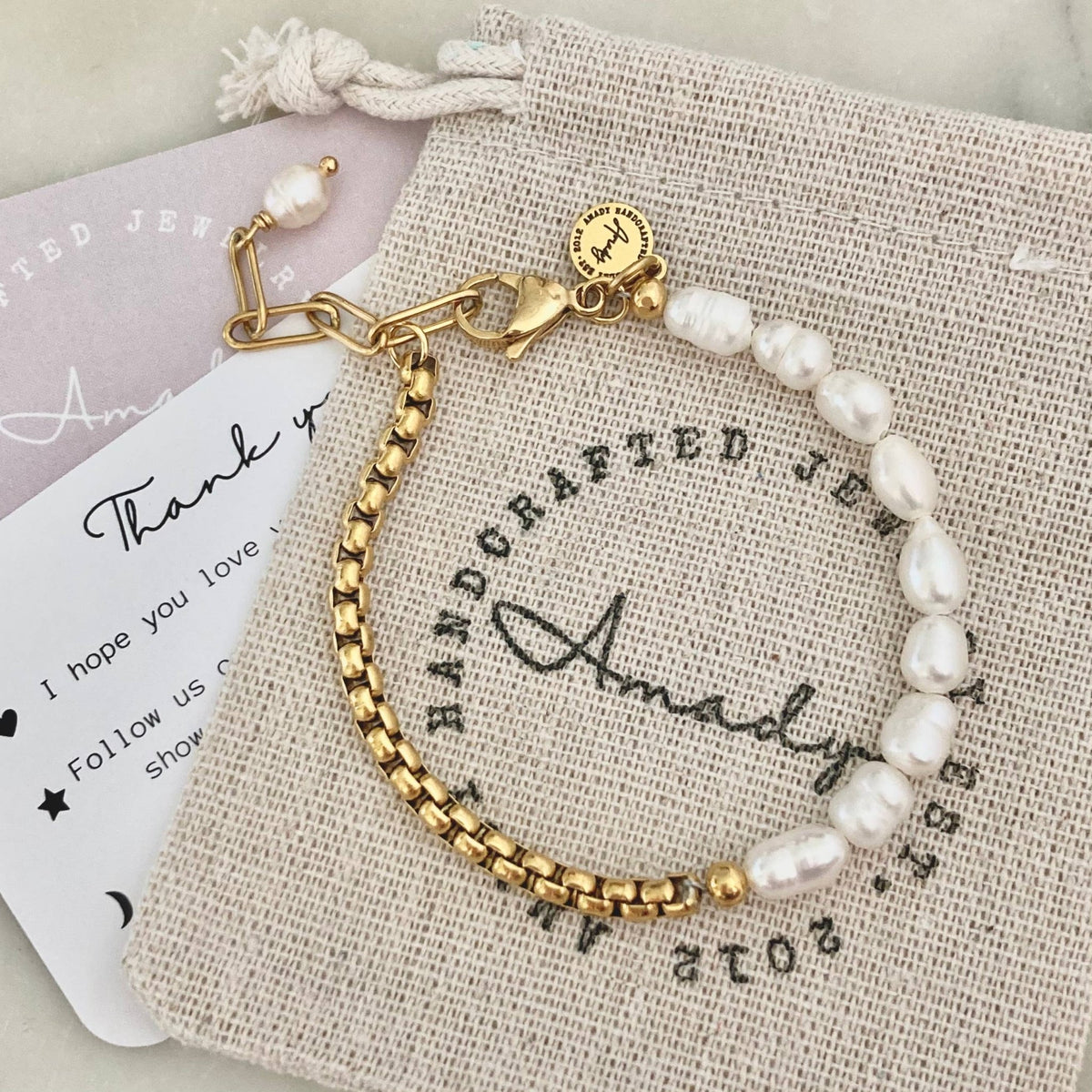 Pearls Bracelet Gold plated box chain adjustable - 926 West