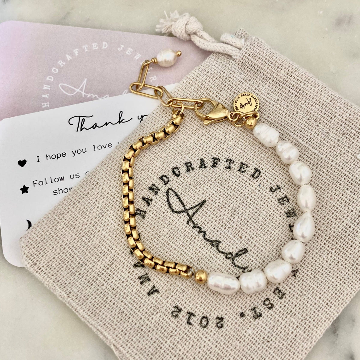 Pearls Bracelet Gold plated box chain adjustable - 926 West