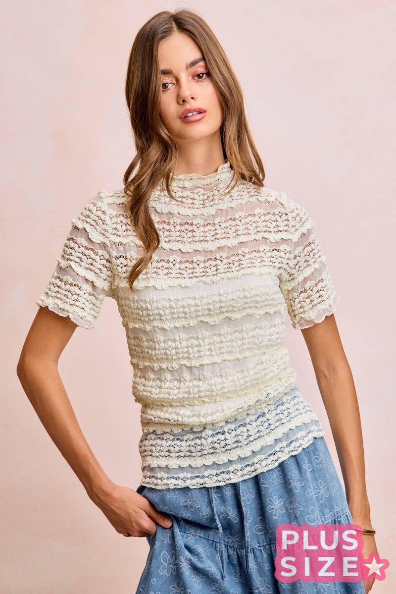 Plus Size Ruffle Detail Floral Lace Top - 926 West