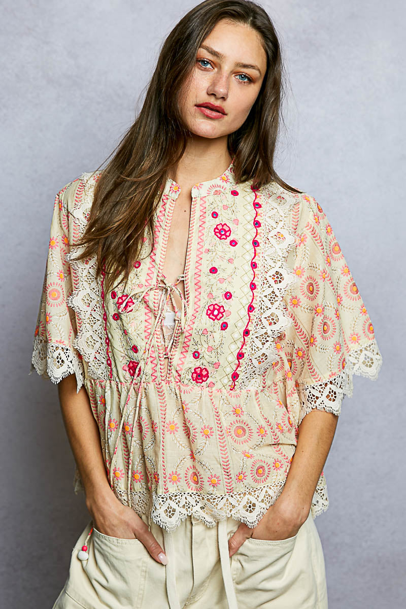 POL -Delicate Hand Embroidery Airy Top
