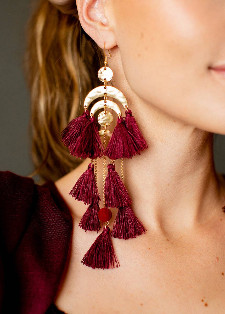 Pomla Tassel Pom-Pom Earrings in Burgundy - 926 West