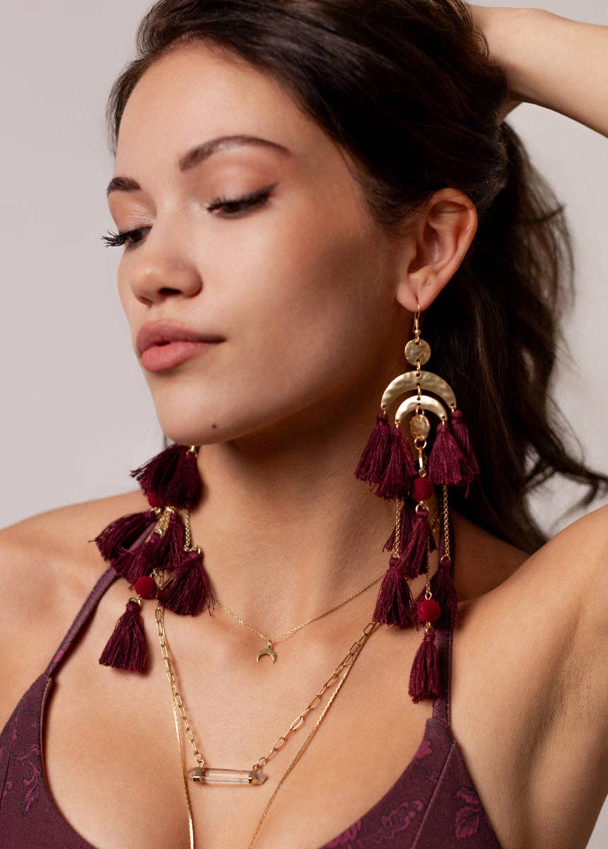 Pomla Tassel Pom-Pom Earrings in Burgundy - 926 West
