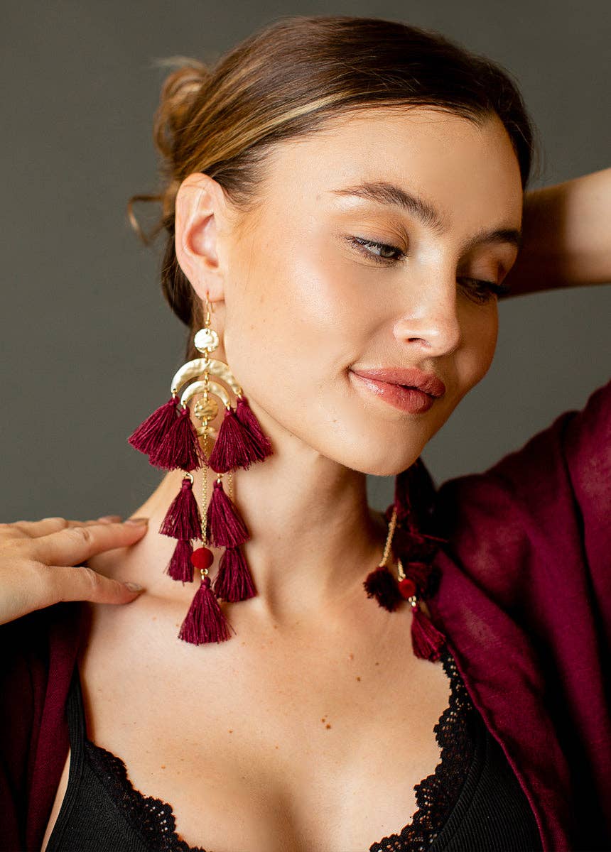 Pomla Tassel Pom-Pom Earrings in Burgundy - 926 West