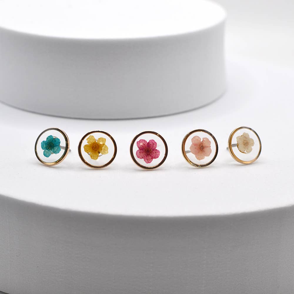 Pressed Real Flower Epoxy Round Stud Post Earrings - 926 West
