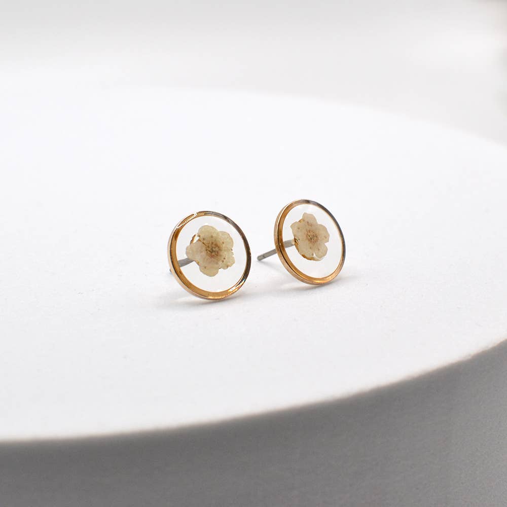 Pressed Real Flower Epoxy Round Stud Post Earrings - 926 West