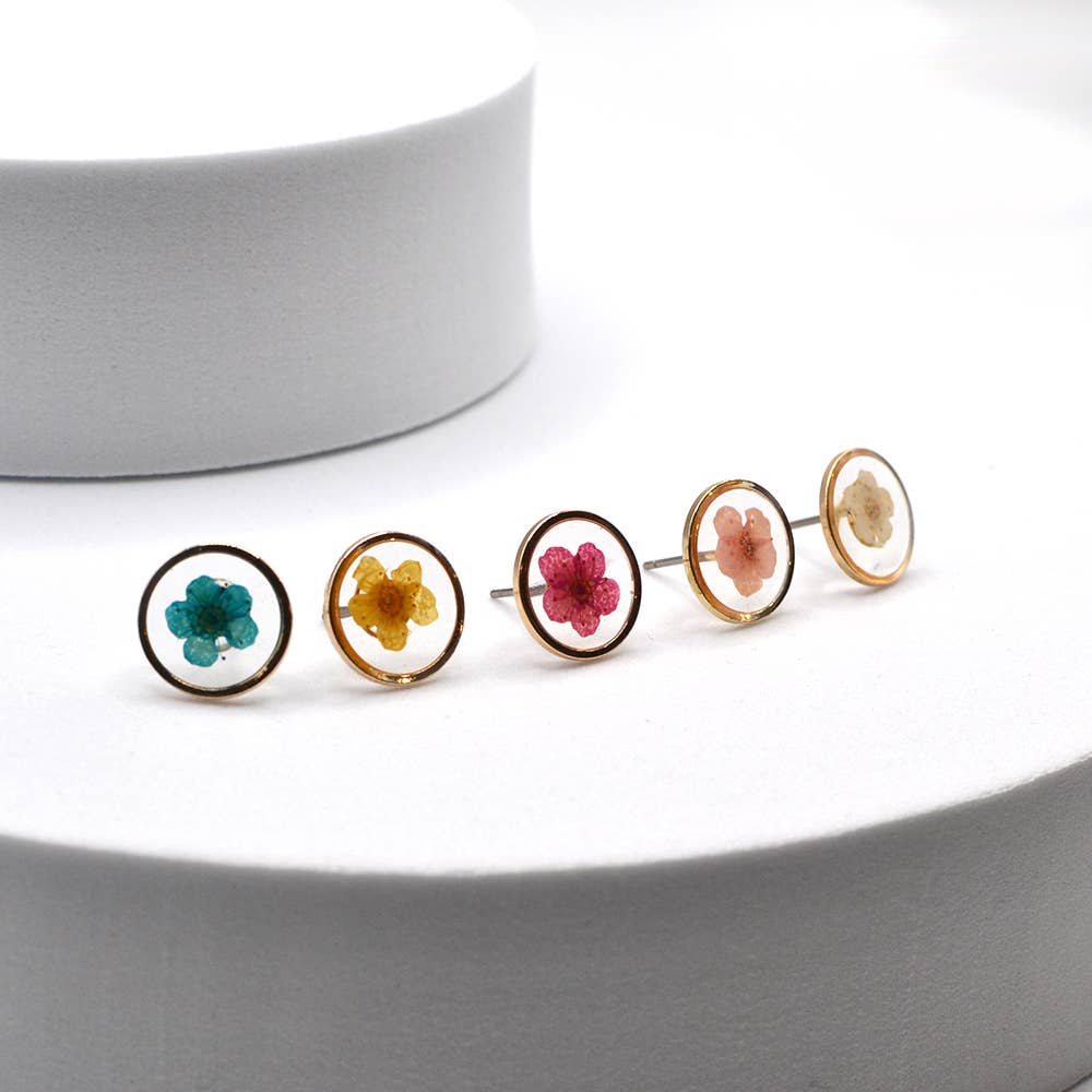 Pressed Real Flower Epoxy Round Stud Post Earrings - 926 West