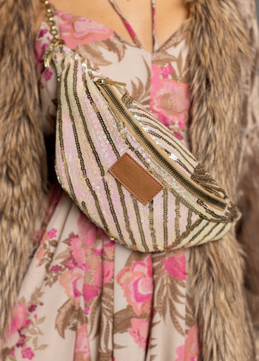 Savannah Pink Sequin Belt Bag with Gold Chain - 926 West
