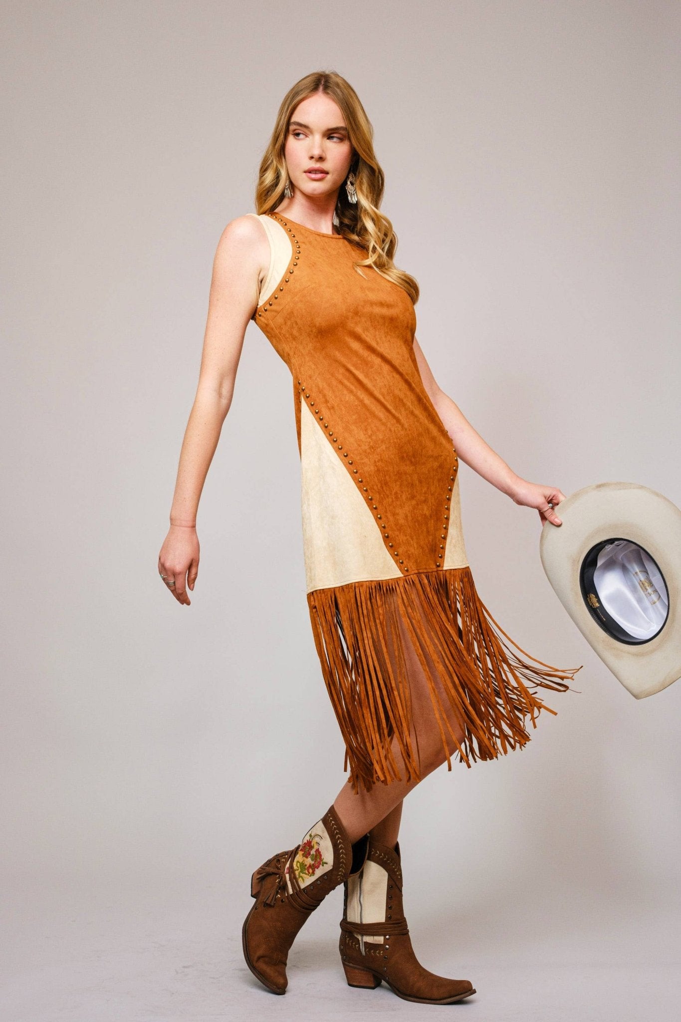 Scarlett Two Tone Suede Studded Fringe Midi Dress - 926 West