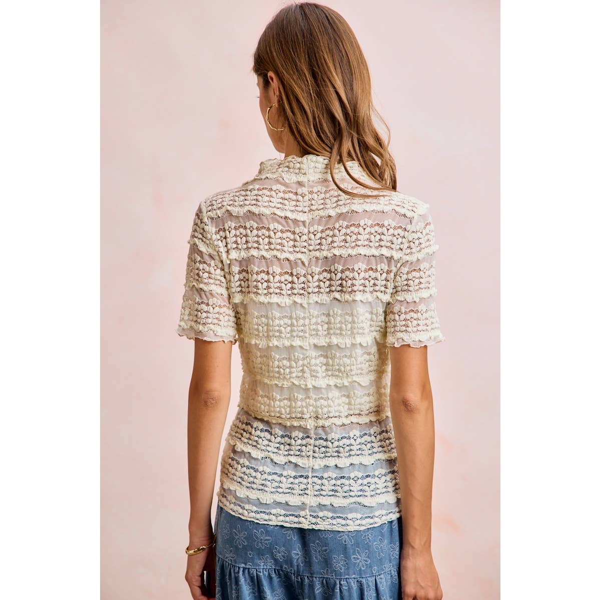 Short Sleeve Ruffle Floral Lace Top - 926 West