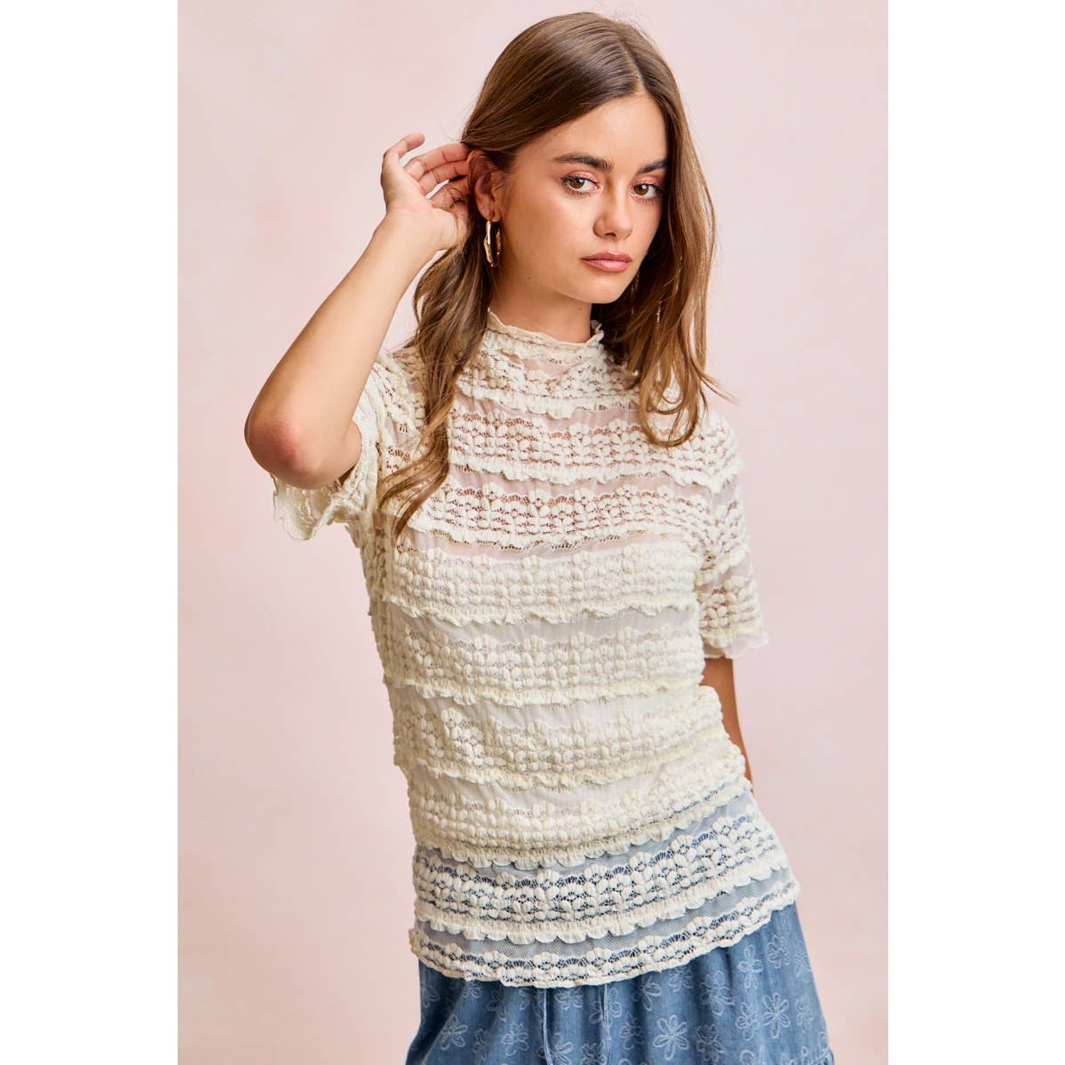 Short Sleeve Ruffle Floral Lace Top - 926 West