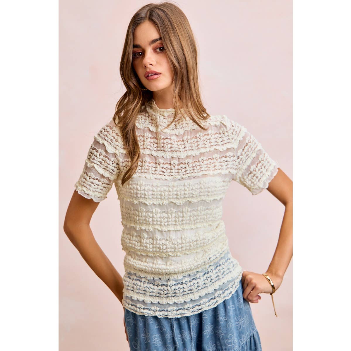 Short Sleeve Ruffle Floral Lace Top - 926 West
