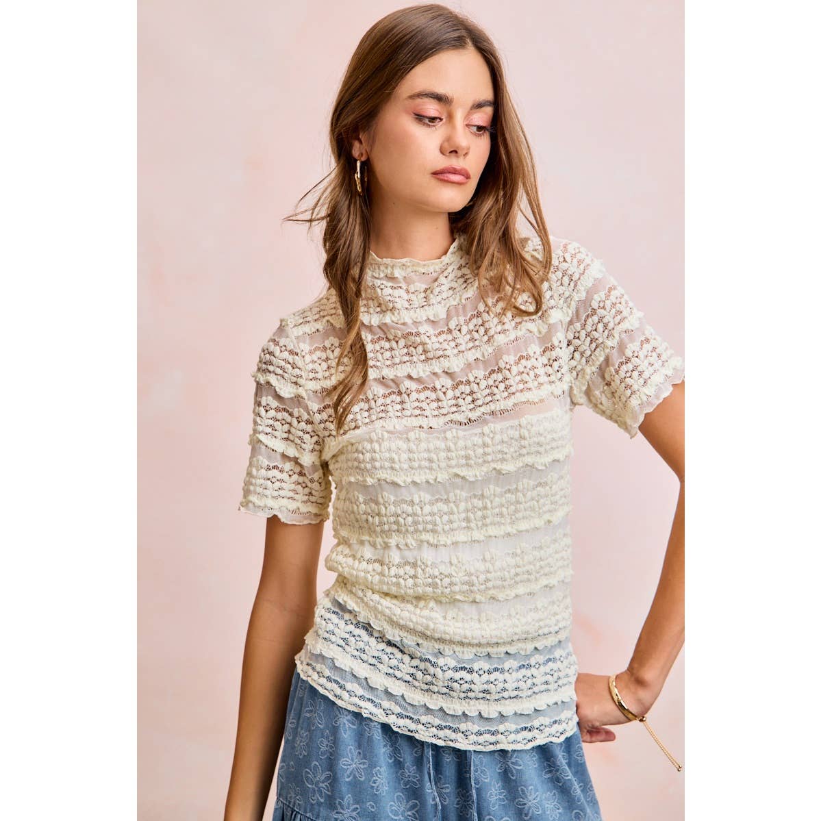 Short Sleeve Ruffle Floral Lace Top - 926 West