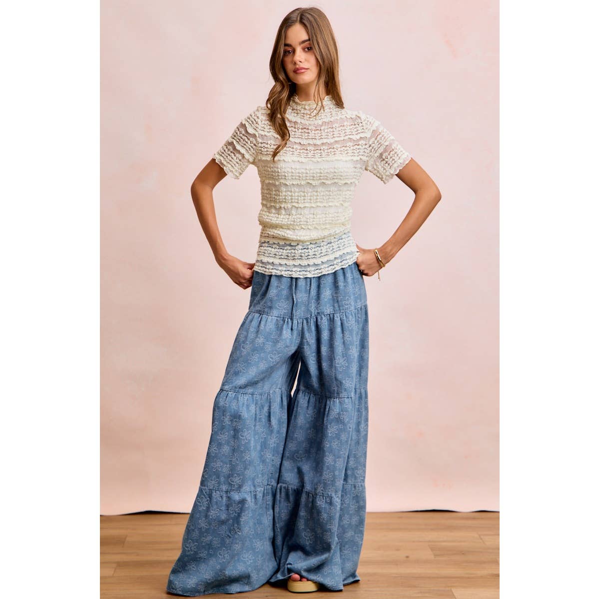 Short Sleeve Ruffle Floral Lace Top - 926 West