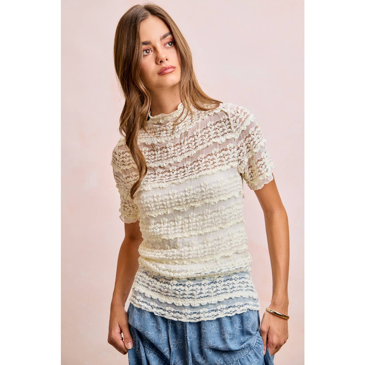 Short Sleeve Ruffle Floral Lace Top - 926 West