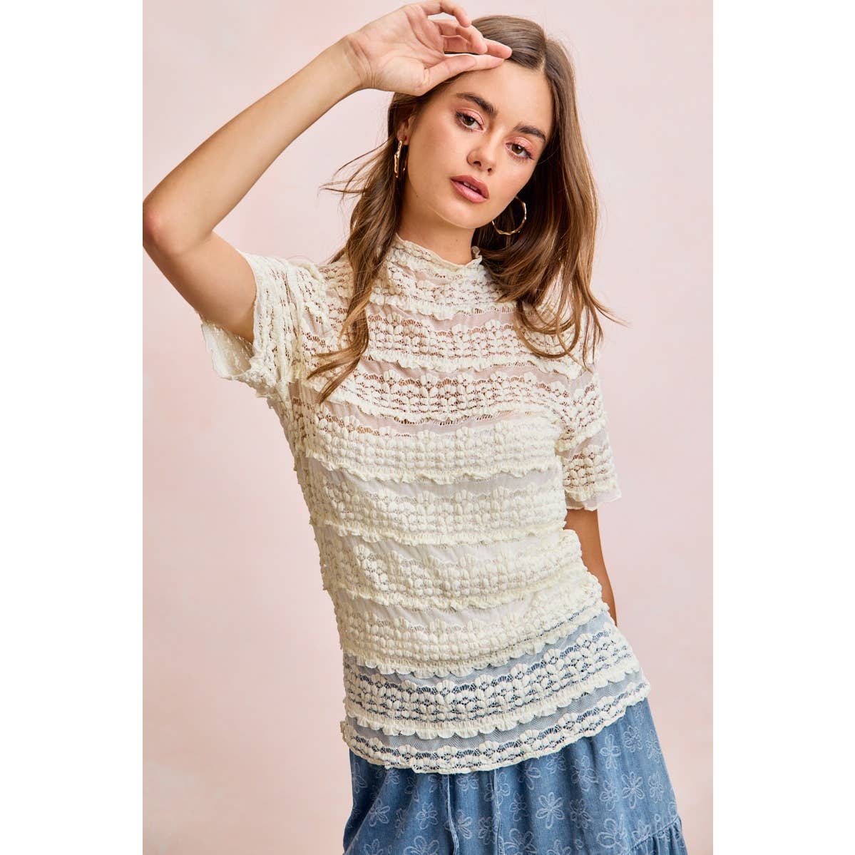 Short Sleeve Ruffle Floral Lace Top - 926 West