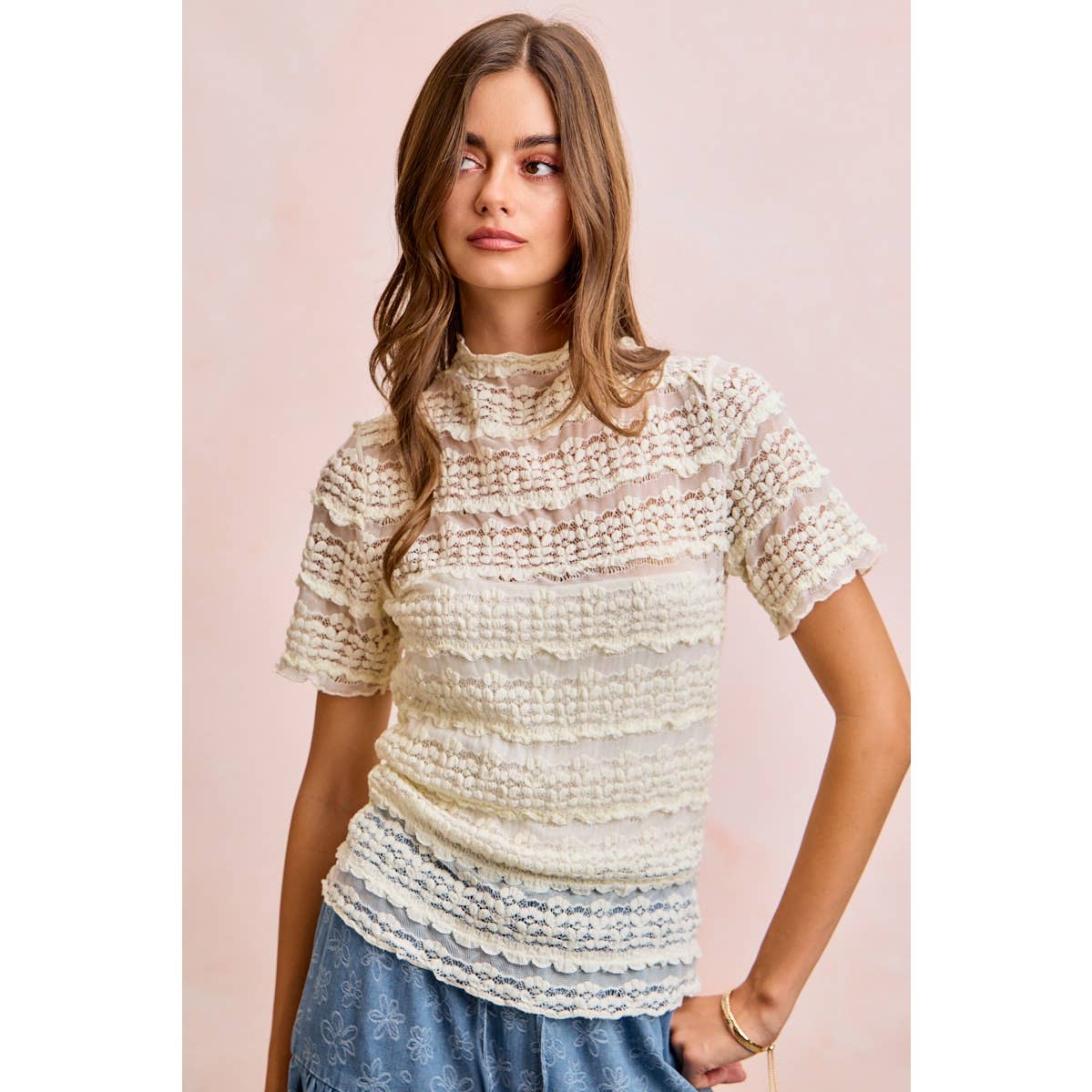Short Sleeve Ruffle Floral Lace Top - 926 West