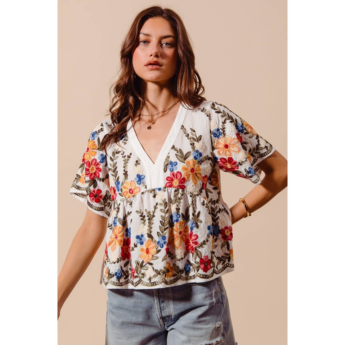 So Me Floral Embroidered Baby Doll Blouse Top - 926 West