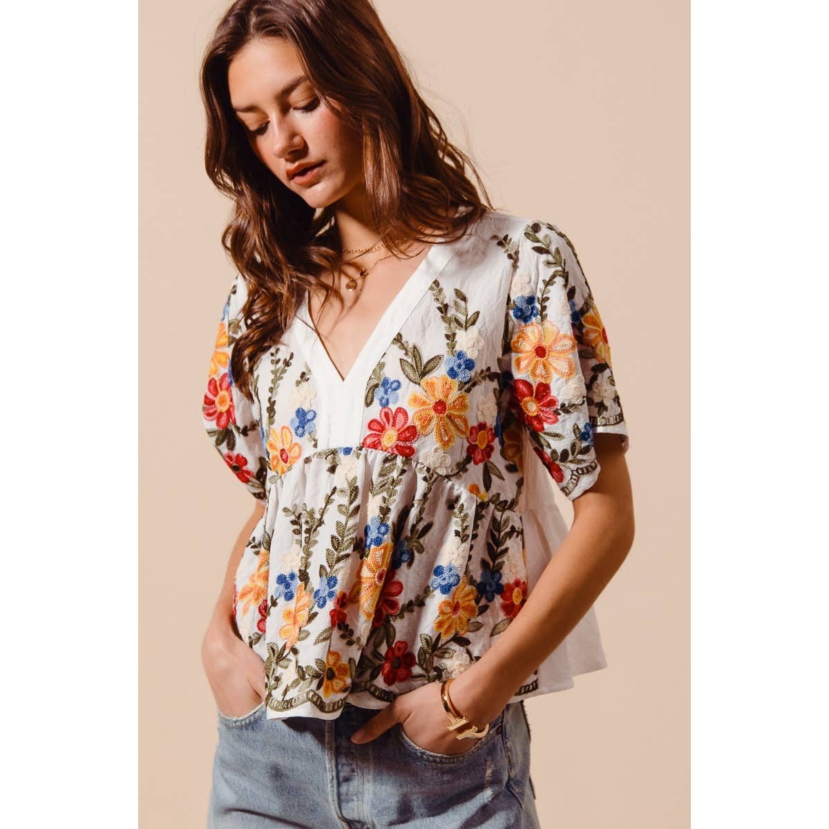 So Me Floral Embroidered Baby Doll Blouse Top - 926 West