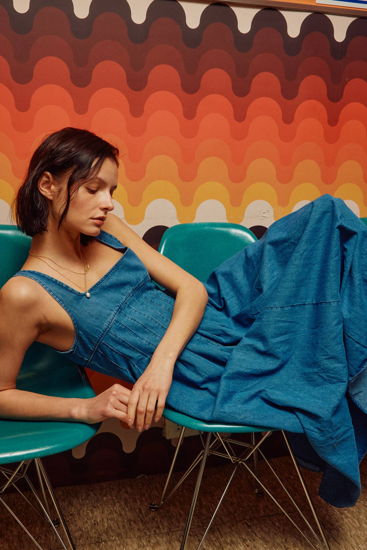 Square Neck Smocking Back Detail Denim Midi Dress - 926 West