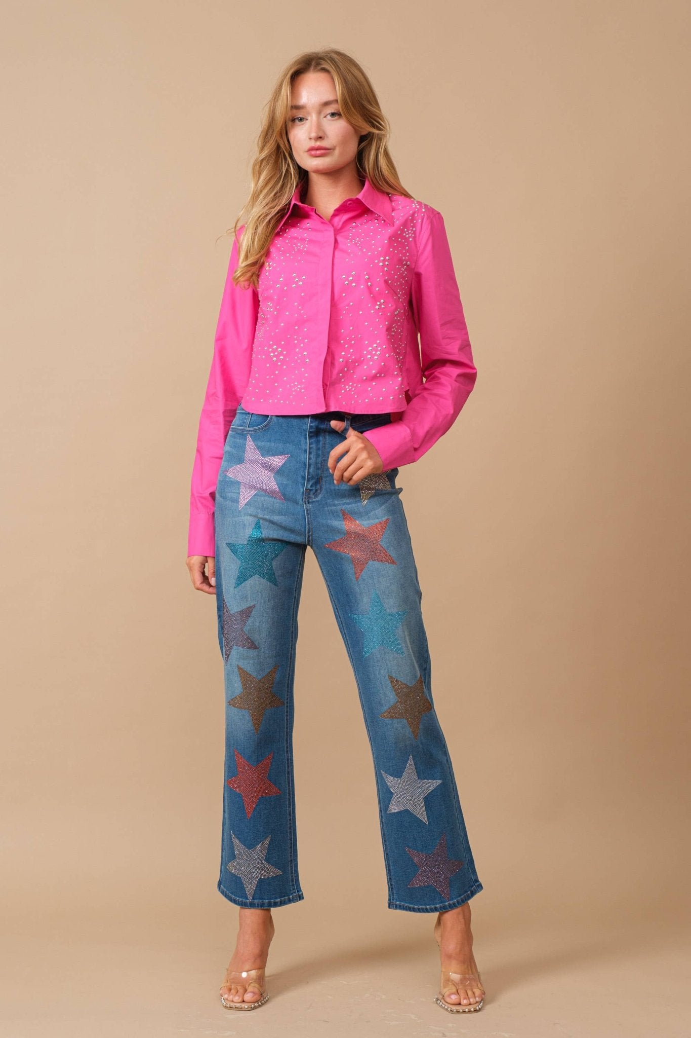 Star Rhinestone Embellishment Straight Leg Jeans - 926 West