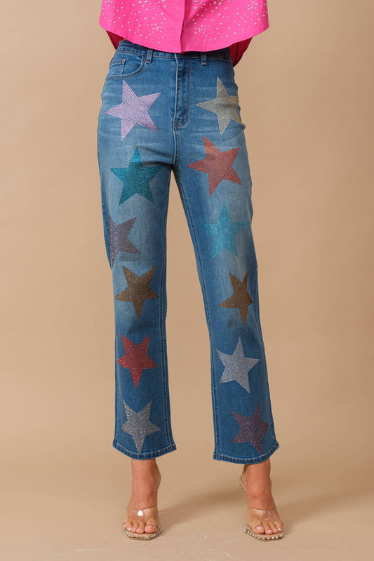 Star Rhinestone Embellishment Straight Leg Jeans - 926 West