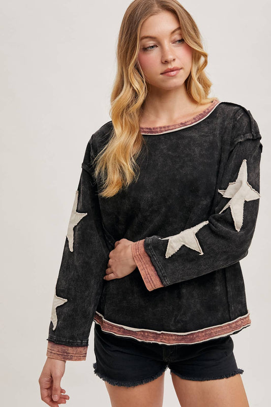 STAR SLEEVED CONTRAST OVERSIZED WASHED KNIT PULLOVER - 926 West
