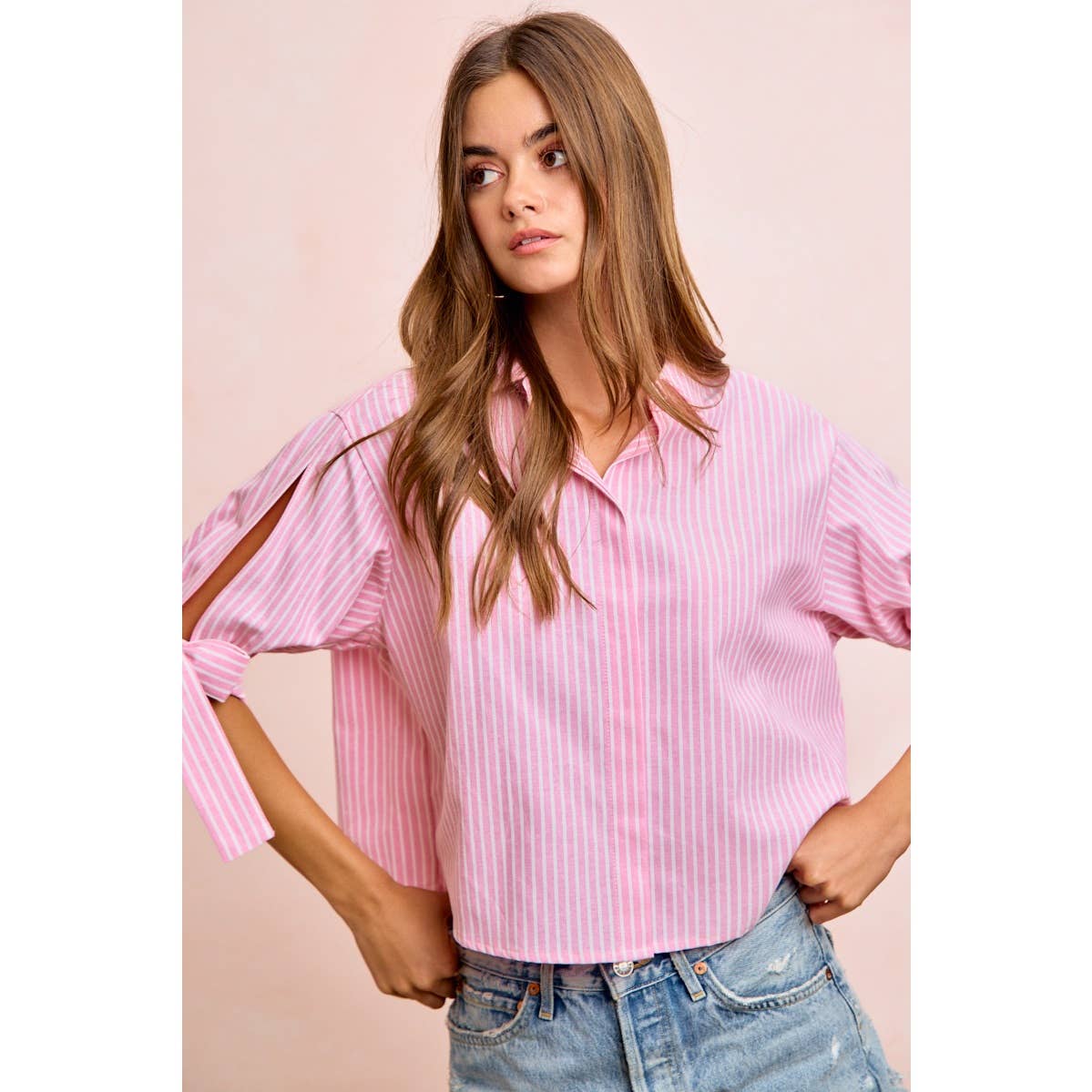 Stripe Woven Button-Up Top with Tied Sleeves - 926 West