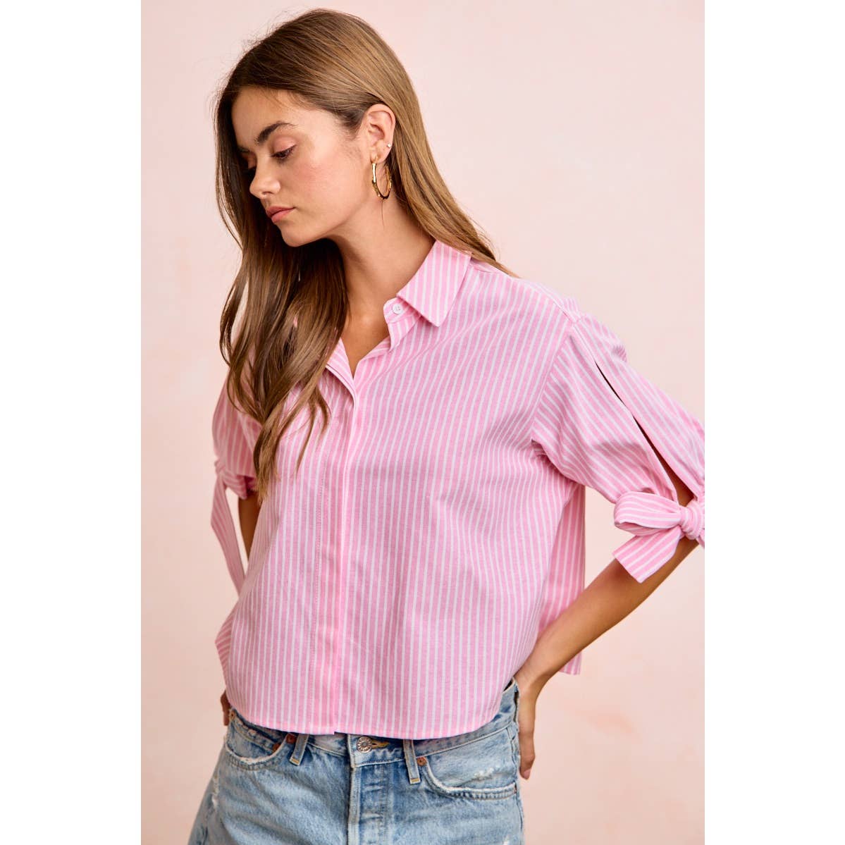 Stripe Woven Button-Up Top with Tied Sleeves - 926 West