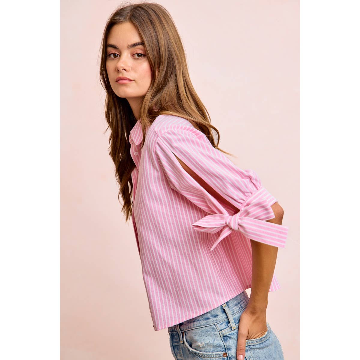 Stripe Woven Button-Up Top with Tied Sleeves - 926 West