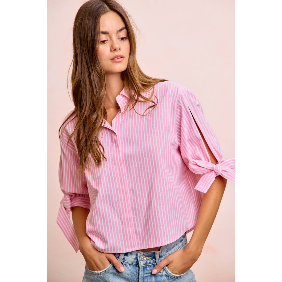 Stripe Woven Button-Up Top with Tied Sleeves - 926 West