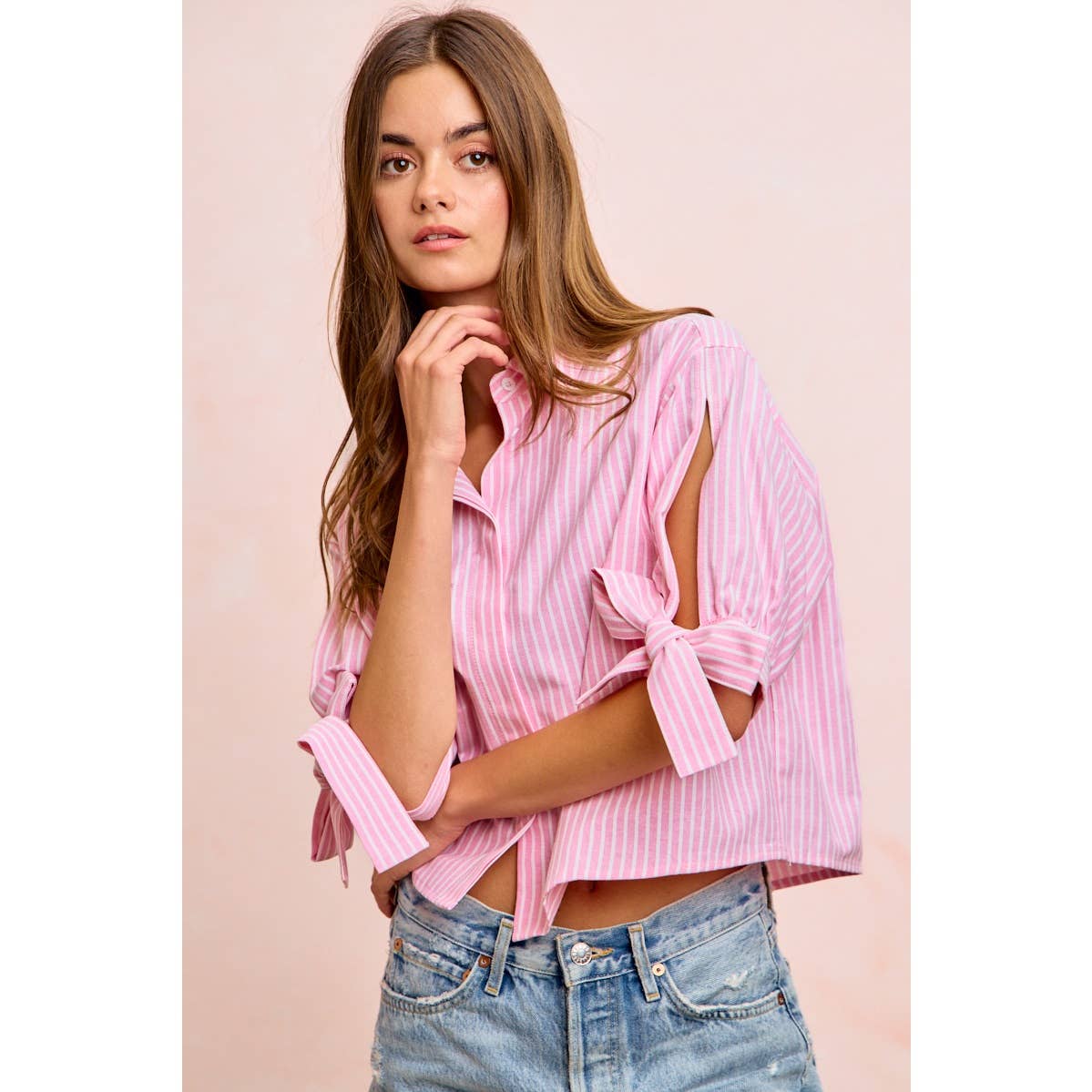 Stripe Woven Button-Up Top with Tied Sleeves - 926 West
