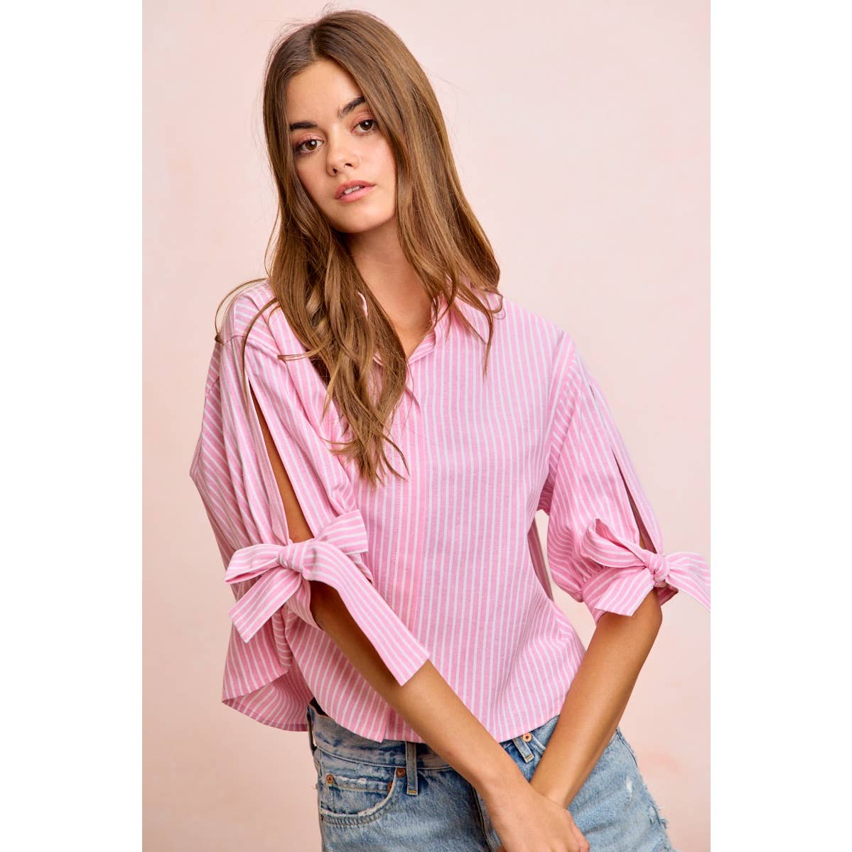 Stripe Woven Button-Up Top with Tied Sleeves - 926 West