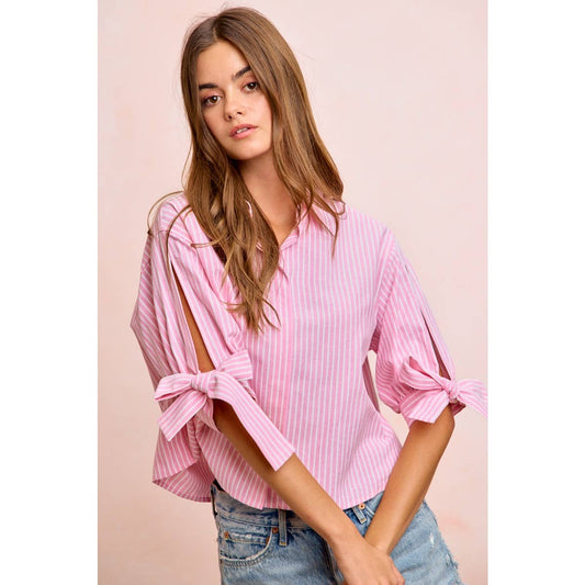 Stripe Woven Button-Up Top with Tied Sleeves - 926 West