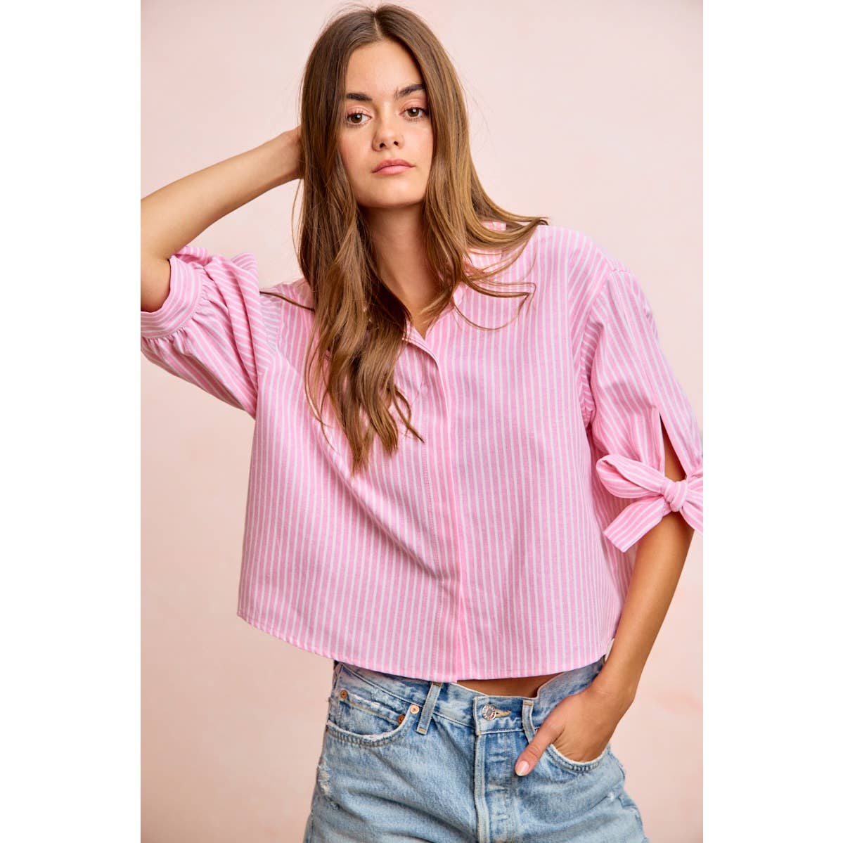 Stripe Woven Button-Up Top with Tied Sleeves - 926 West