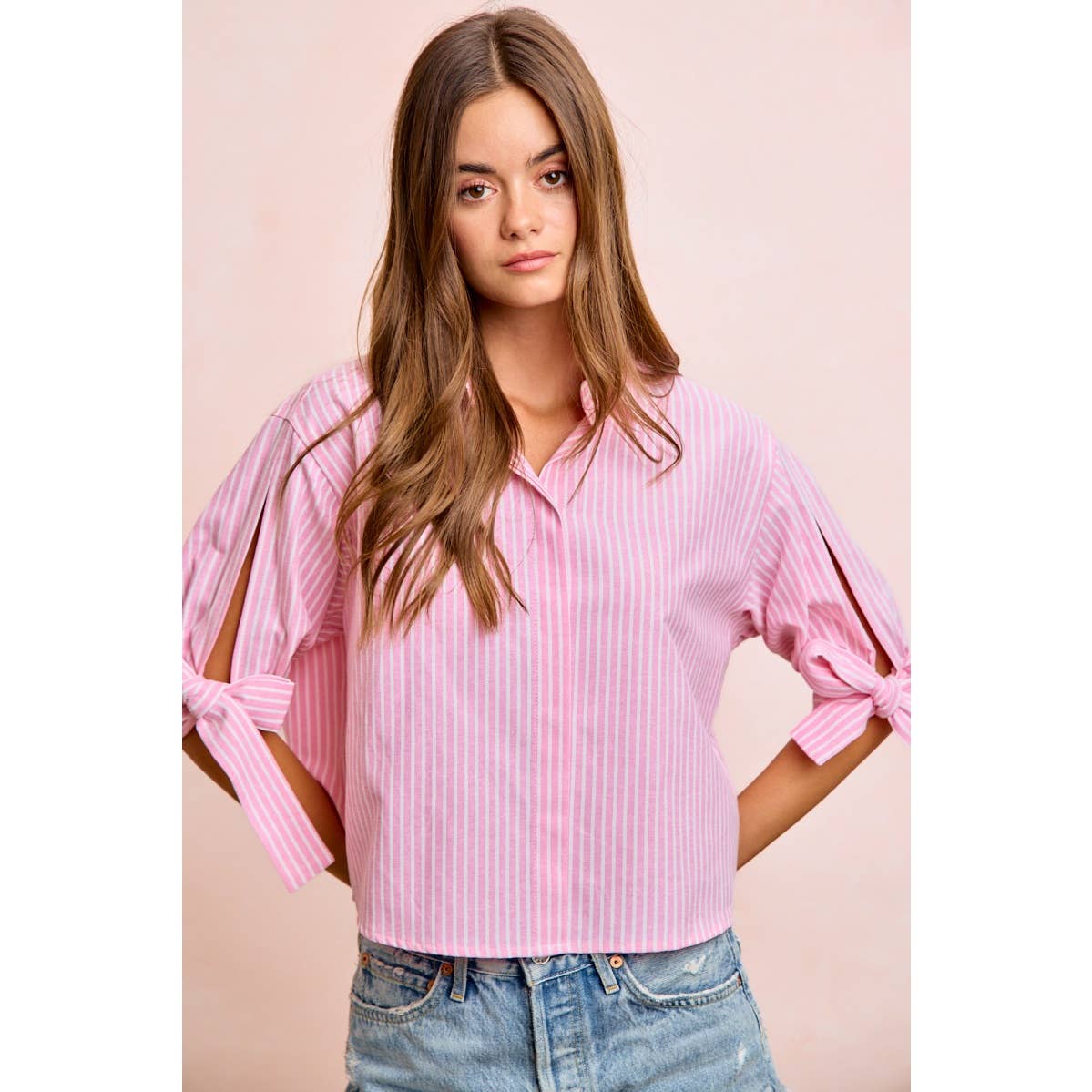 Stripe Woven Button-Up Top with Tied Sleeves - 926 West