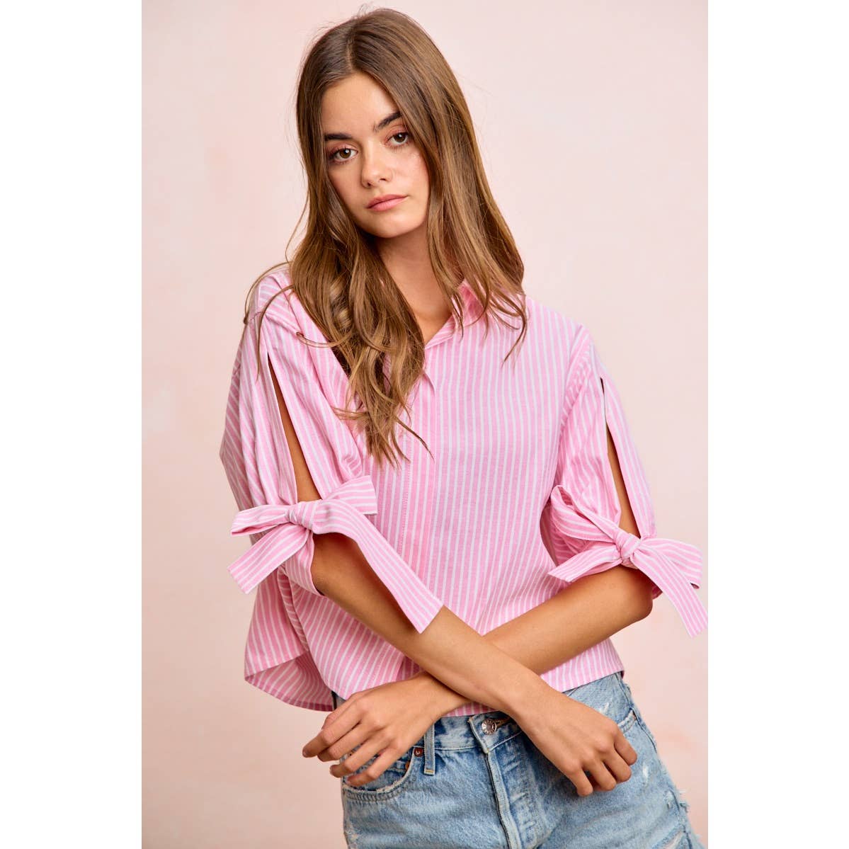 Stripe Woven Button-Up Top with Tied Sleeves - 926 West